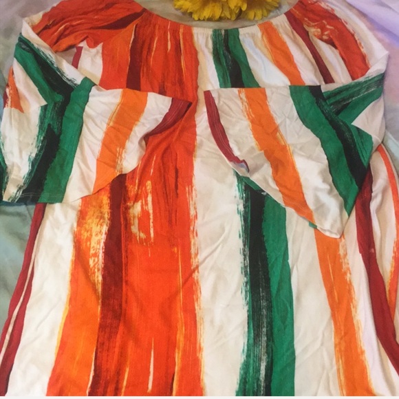 ❌DONATED❌Orange Multi-Color Stripe Off The Shoulders Bell Sleeve Dress - Picture 5 of 9